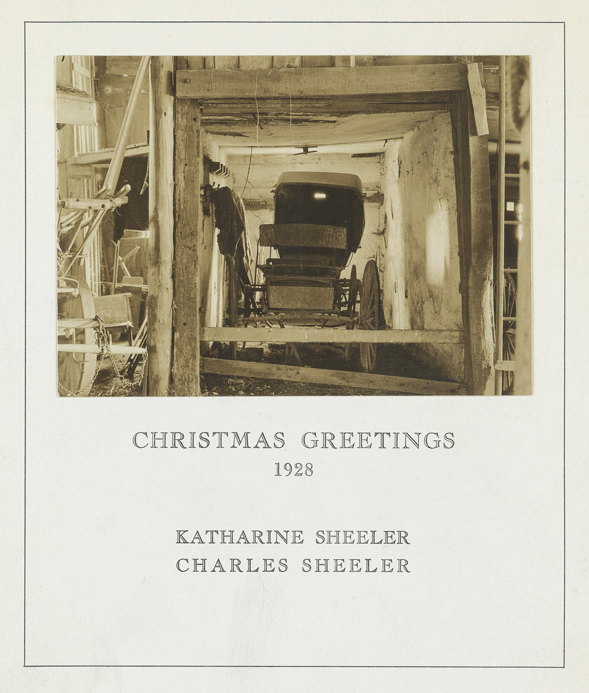 CHARLES SHEELER (1883-1965) Buggy in a Barn, Doylestown, Pennsylvania (Christmas card).